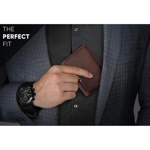 Men Brown Slim leather RFID Blocking Minimalist Card Front Pocket Wallets - Picture 6 of 10